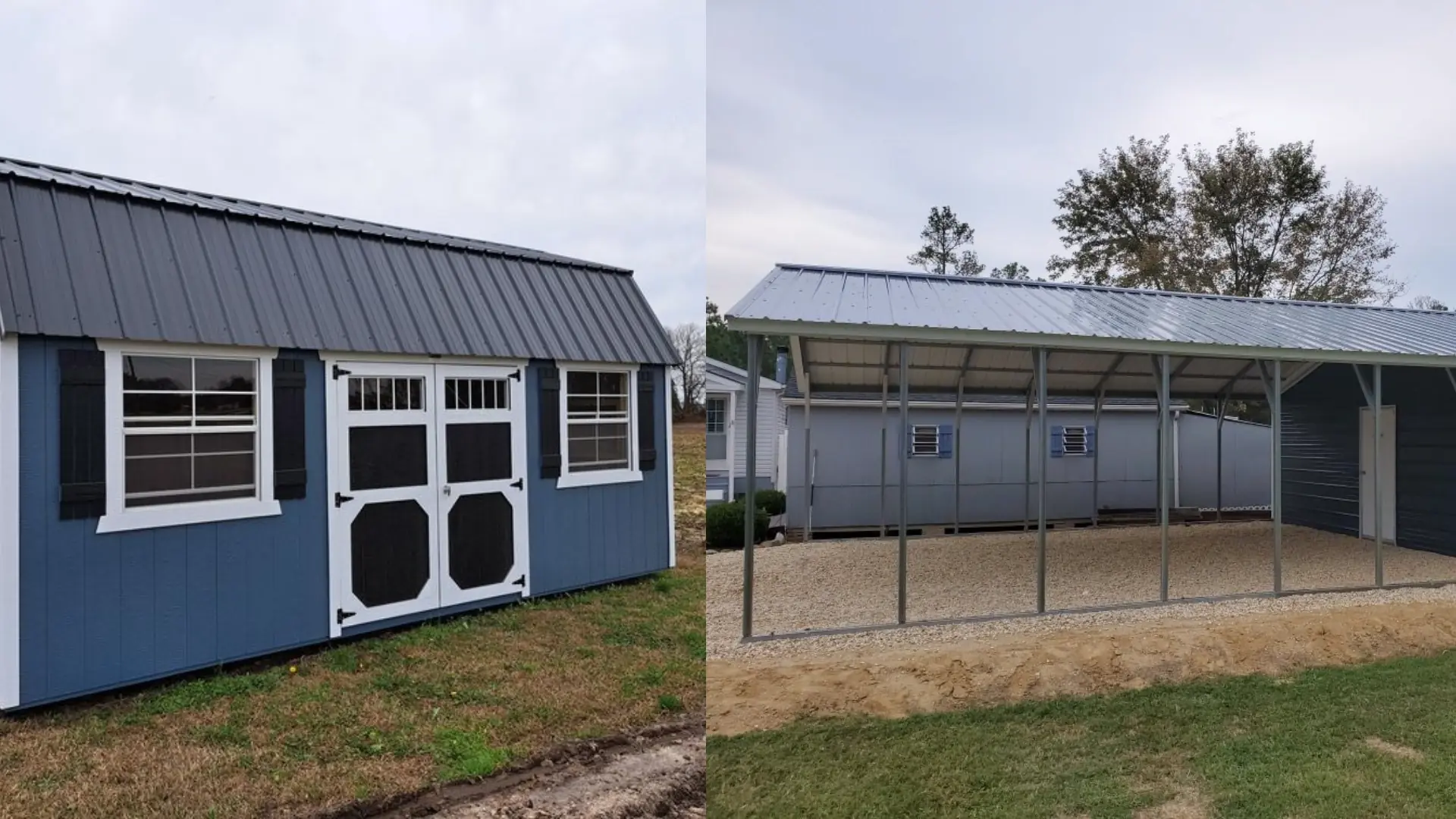 A composite picture showing a storage shed and a carport structure.